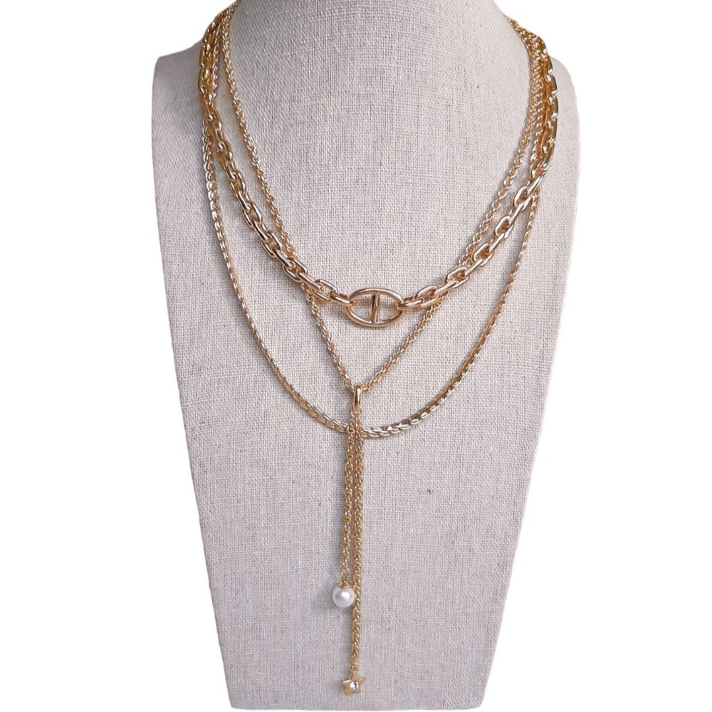 LOFT Gold Tone 3 Layer Chain Necklace Star & Pearl Dangles